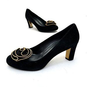 Stuart Weitzman Black Suede Pumps Gold Heels Zipper 6.5